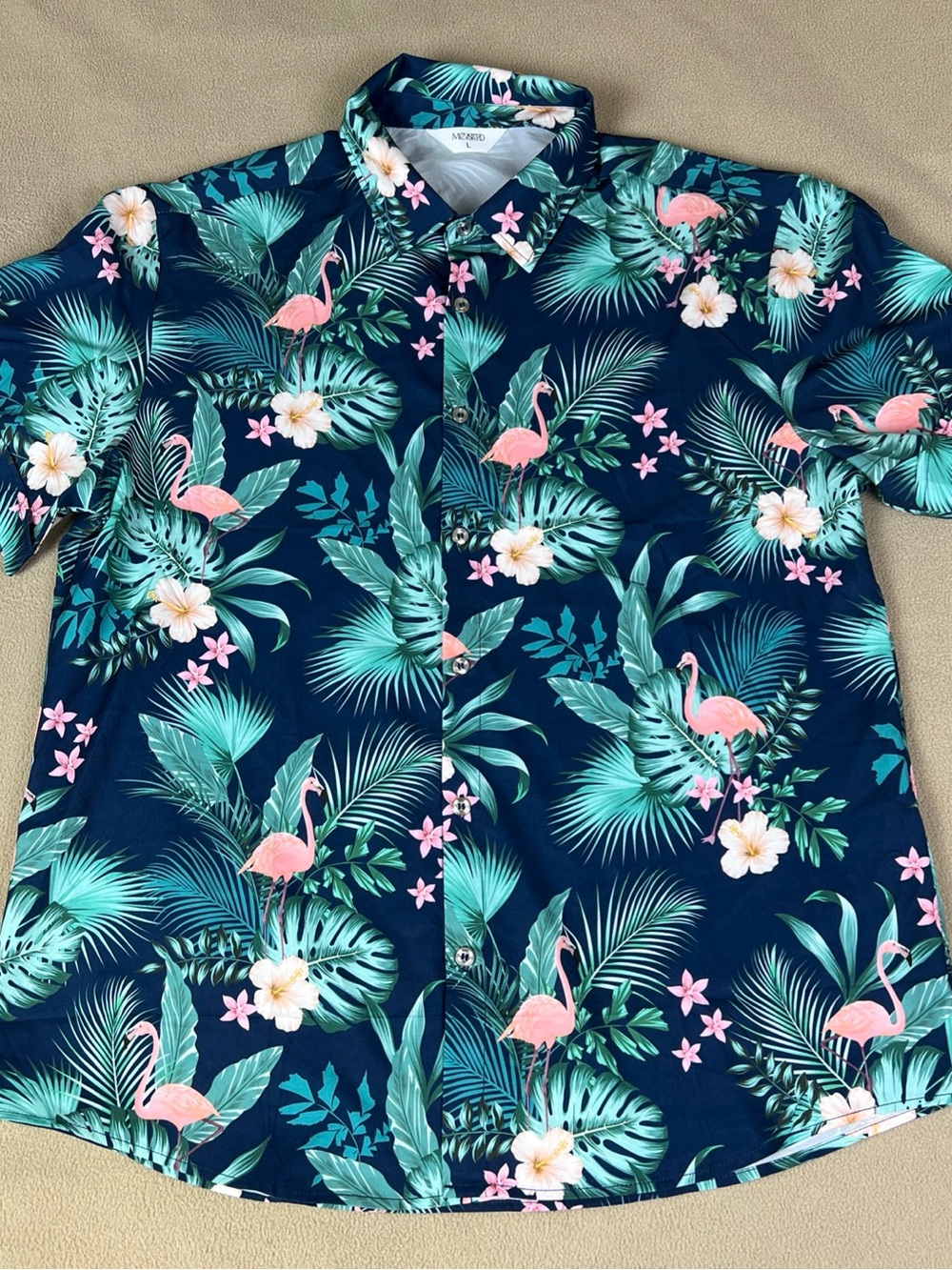 Hawaiian Button Up Shirt, Floral Pattern W/ Flamingo. Mizvsitrd Polyester. Sz L